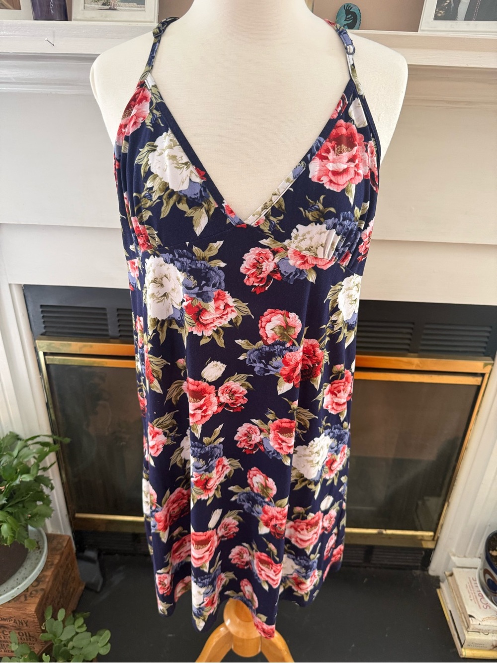 Navy Floral V-Neck Sleep Chemise Nightgown with Adjustable Straps